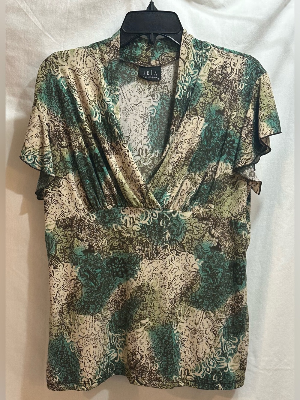 JKLA Green and Tan Floral-Print Blouse